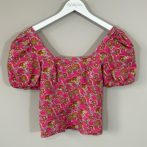 J Crew Puff sleeve squareneck top in Ratti Fine Italian Fabric pink blooms 2 NEW - Picture 4 of 11
